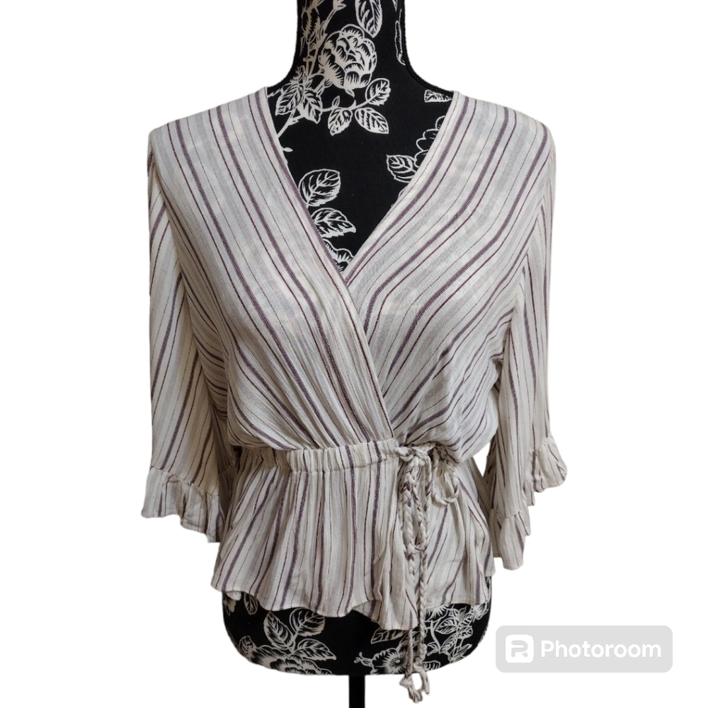 Lost + Wander Striped Tie Mock Wrap Top - Ruffle Sleeve Boho Blouse